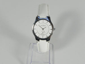 I Like Mike's Mid Century Modern Watch Skagen Unisex Silvertone Round Watch, Modern Silver Dial, White Leather Band