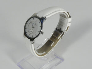 I Like Mike's Mid Century Modern Watch Skagen Unisex Silvertone Round Watch, Modern Silver Dial, White Leather Band