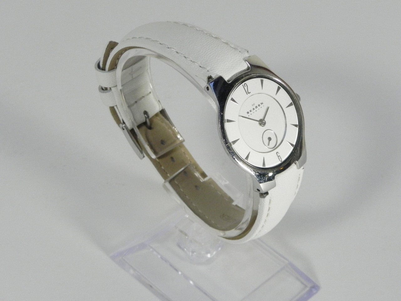 I Like Mike's Mid Century Modern Watch Skagen Unisex Silvertone Round Watch, Modern Silver Dial, White Leather Band