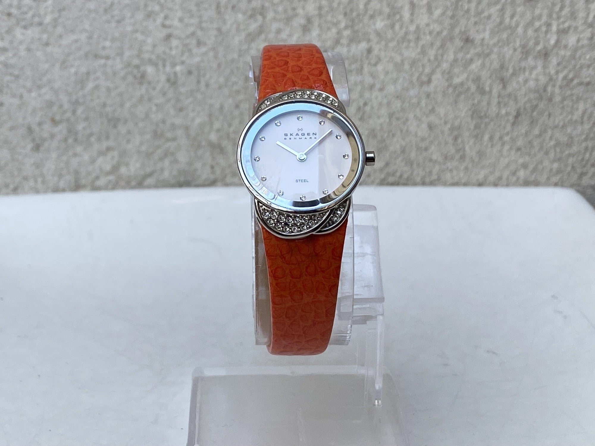 I Like Mike's Mid Century Modern Watch Skagen Women's Jeweled Silvertone Watch with Orange Leather Band