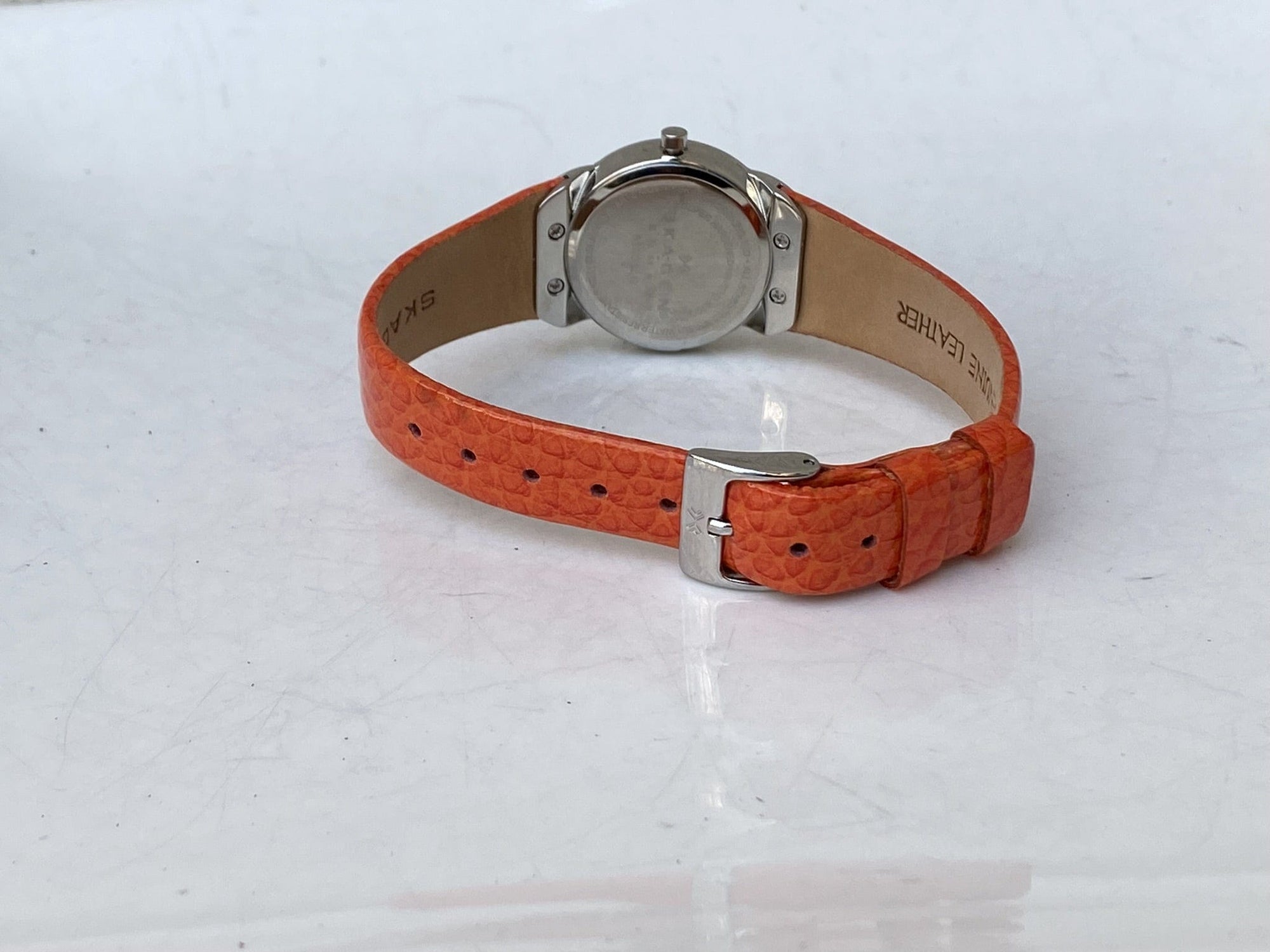 I Like Mike's Mid Century Modern Watch Skagen Women's Jeweled Silvertone Watch with Orange Leather Band