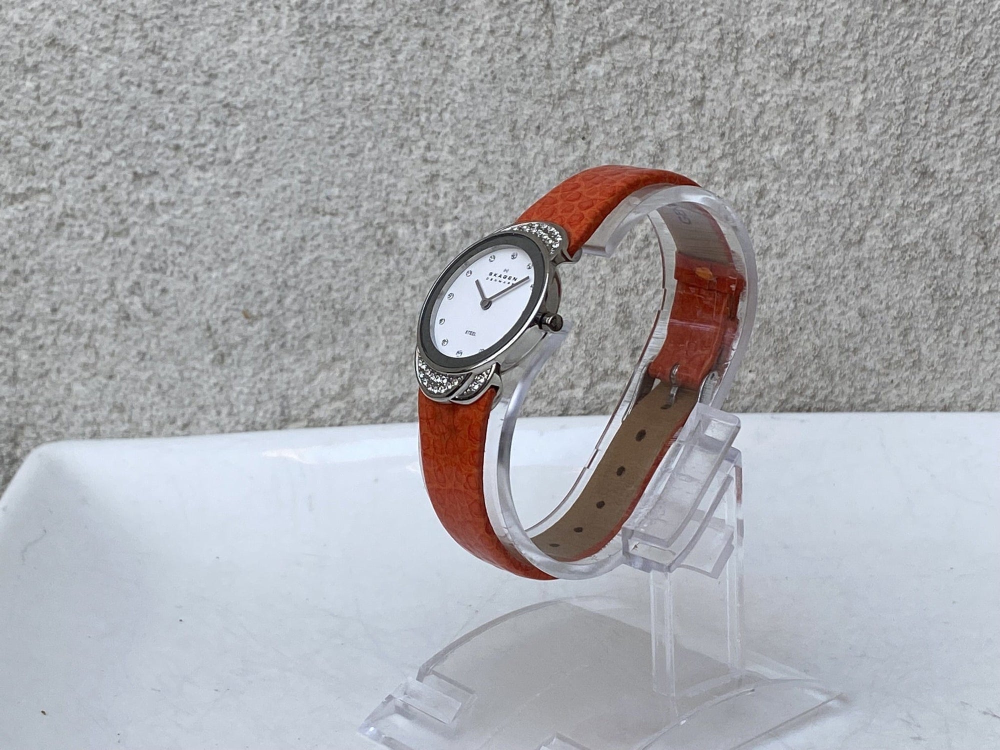 I Like Mike's Mid Century Modern Watch Skagen Women's Jeweled Silvertone Watch with Orange Leather Band