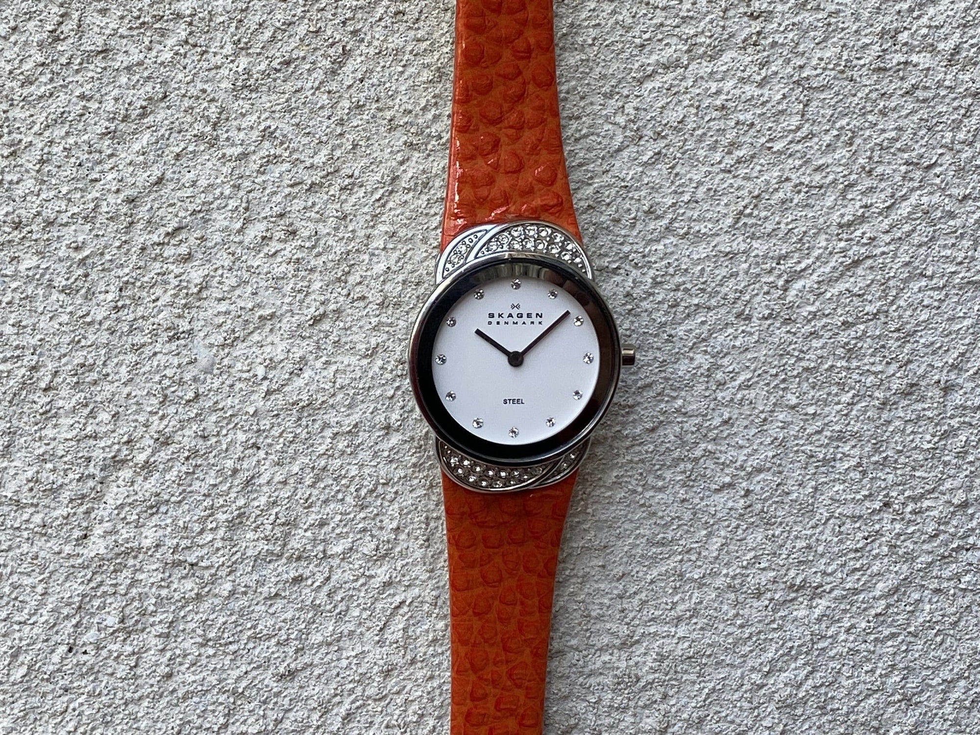 I Like Mike's Mid Century Modern Watch Skagen Women's Jeweled Silvertone Watch with Orange Leather Band