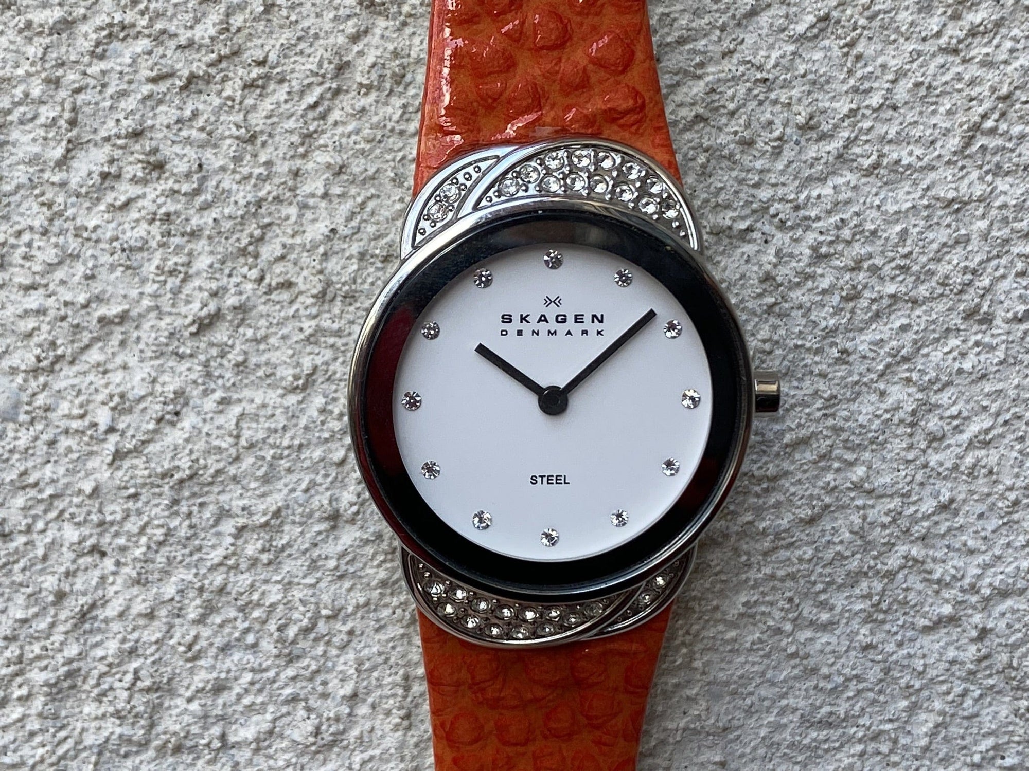 I Like Mike's Mid Century Modern Watch Skagen Women's Jeweled Silvertone Watch with Orange Leather Band