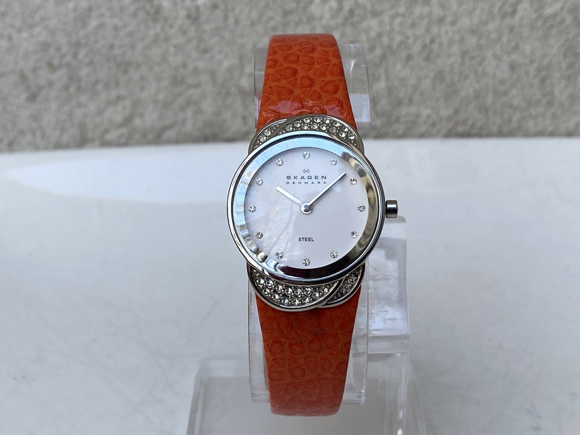 I Like Mike's Mid Century Modern Watch Skagen Women's Jeweled Silvertone Watch with Orange Leather Band