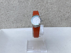 I Like Mike's Mid Century Modern Watch Skagen Women's Jeweled Silvertone Watch with Orange Leather Band