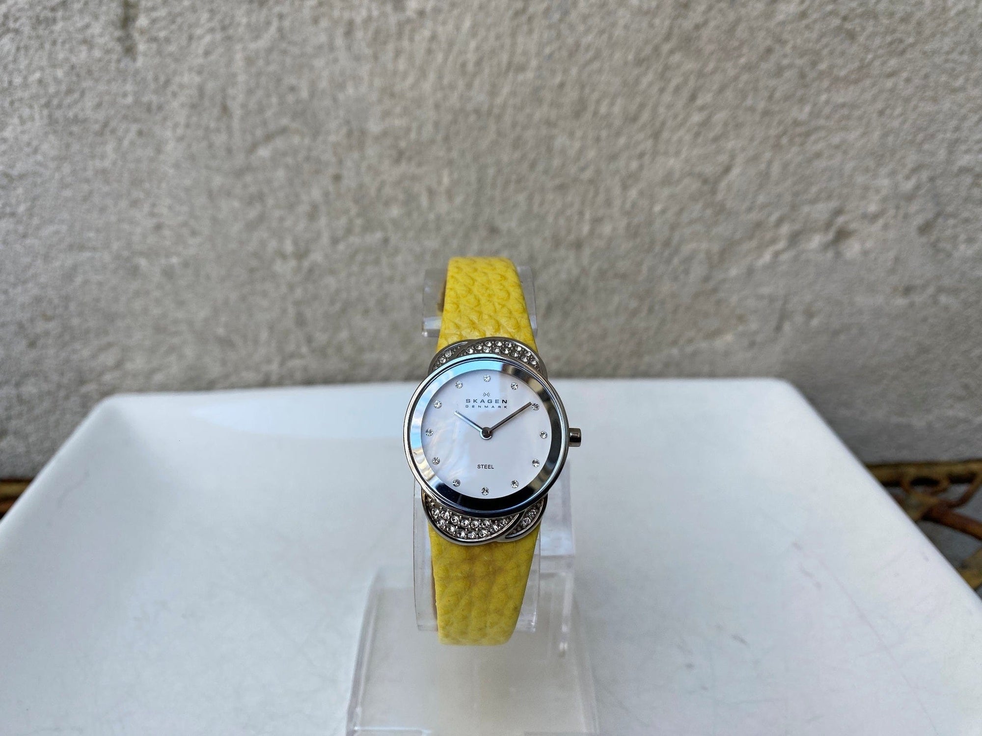 I Like Mike's Mid Century Modern Watch Skagen Women's Jeweled Silvertone Watch with Yellow Leather Band