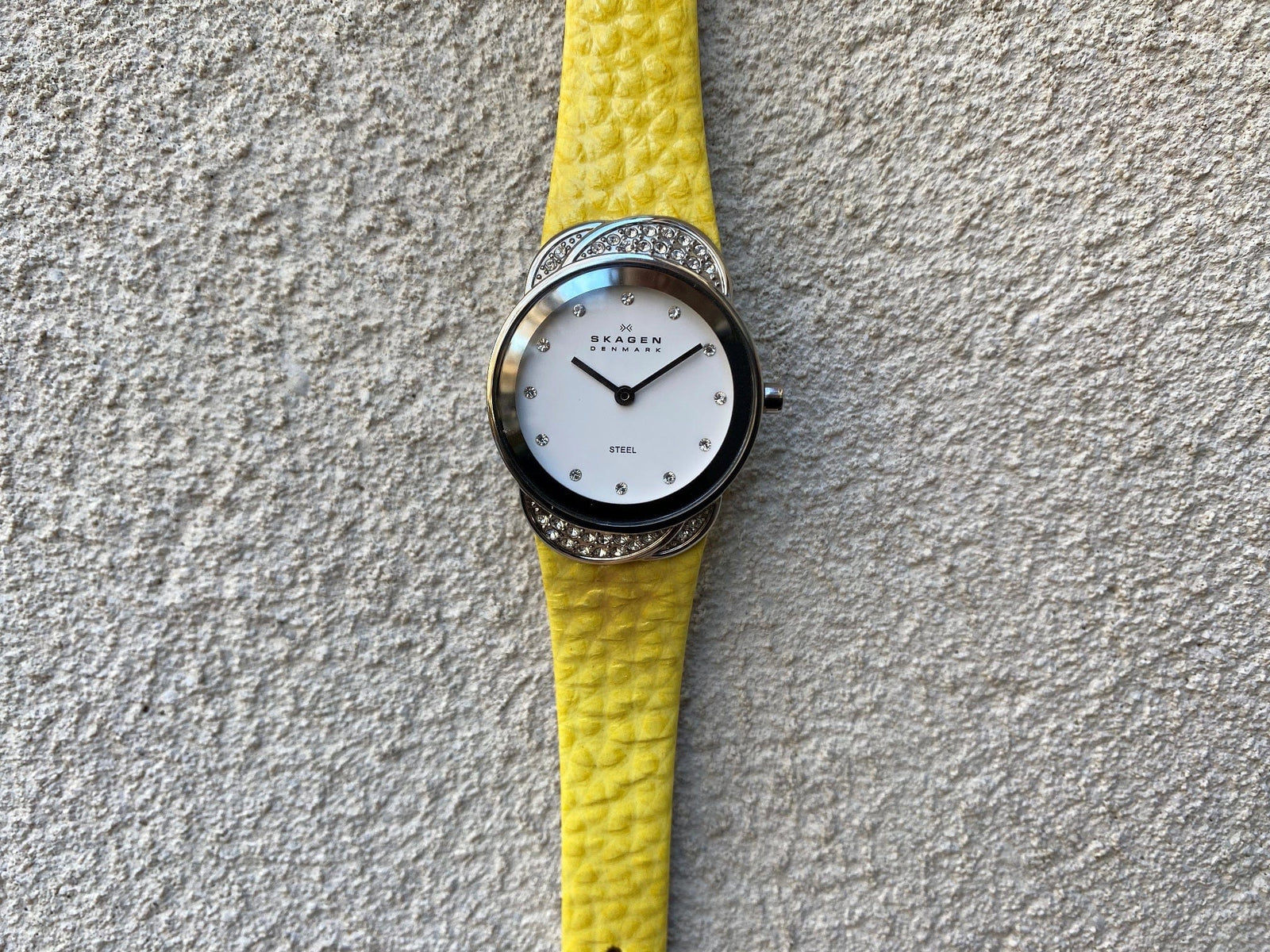 I Like Mike's Mid Century Modern Watch Skagen Women's Jeweled Silvertone Watch with Yellow Leather Band