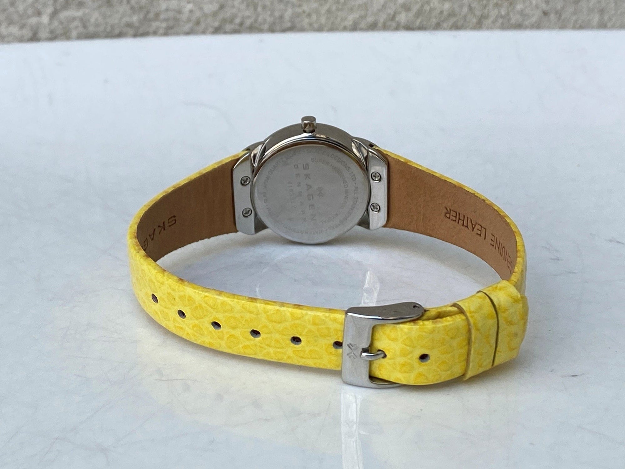 I Like Mike's Mid Century Modern Watch Skagen Women's Jeweled Silvertone Watch with Yellow Leather Band
