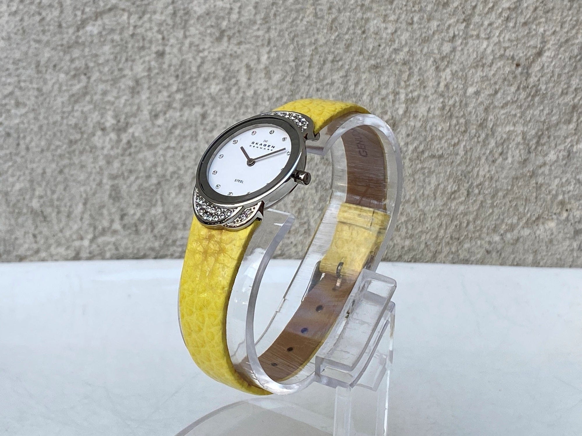 I Like Mike's Mid Century Modern Watch Skagen Women's Jeweled Silvertone Watch with Yellow Leather Band