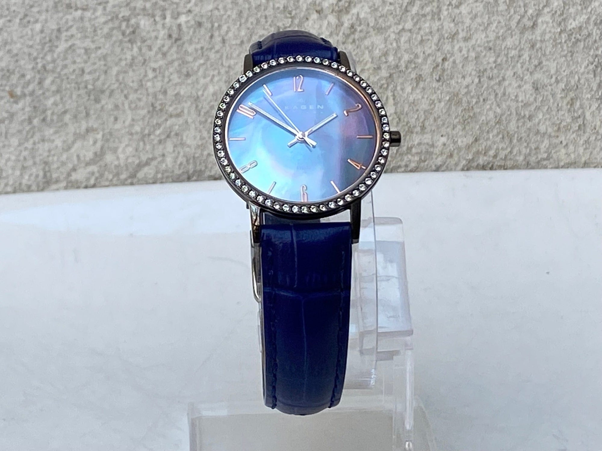 I Like Mike's Mid Century Modern watch Skagen Women's Oversized Round Blue Copper Watch, Jeweled Mother of Pearl, Navy Leather Band