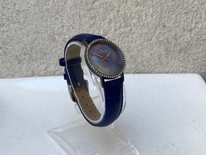I Like Mike's Mid Century Modern watch Skagen Women's Oversized Round Blue Copper Watch, Jeweled Mother of Pearl, Navy Leather Band