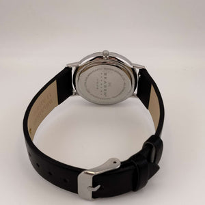 I Like Mike's Mid Century Modern Watch Skagen Women's Oversized Silver Tone Round Watch, Black Leather Band