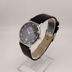 I Like Mike's Mid Century Modern Watch Skagen Women's Oversized Silver Tone Round Watch, Black Leather Band