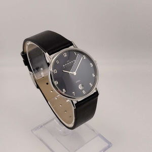 I Like Mike's Mid Century Modern Watch Skagen Women's Oversized Silver Tone Round Watch, Black Leather Band