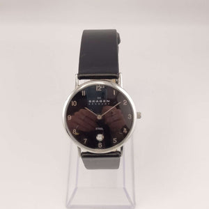 I Like Mike's Mid Century Modern Watch Skagen Women's Oversized Silver Tone Round Watch, Black Leather Band