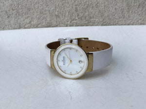 I Like Mike's Mid Century Modern Watch Skagen Women's Oversized White Goldtone Round Watch, Facet Cut, White Leather Band