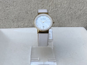 I Like Mike's Mid Century Modern Watch Skagen Women's Oversized White Goldtone Round Watch, Facet Cut, White Leather Band