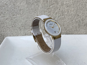 I Like Mike's Mid Century Modern Watch Skagen Women's Oversized White Goldtone Round Watch, Facet Cut, White Leather Band