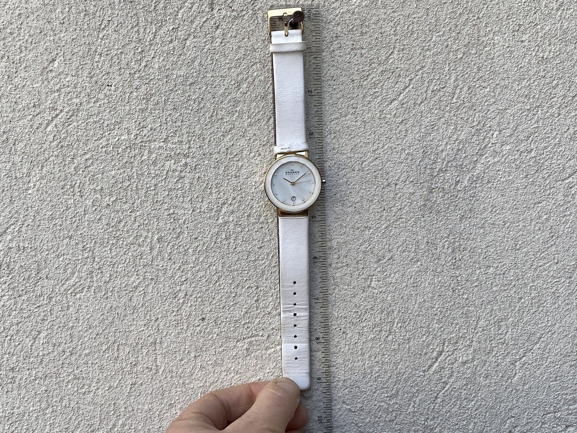 I Like Mike's Mid Century Modern Watch Skagen Women's Oversized White Goldtone Round Watch, Facet Cut, White Leather Band