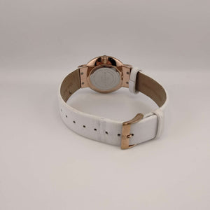 I Like Mike's Mid Century Modern Watch Skagen Women's Oversized White Rose Goldtone Round Watch, White Leather Band