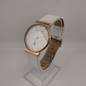 I Like Mike's Mid Century Modern Watch Skagen Women's Oversized White Rose Goldtone Round Watch, White Leather Band