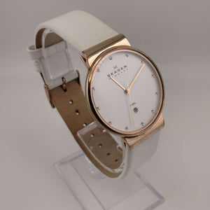 I Like Mike's Mid Century Modern Watch Skagen Women's Oversized White Rose Goldtone Round Watch, White Leather Band