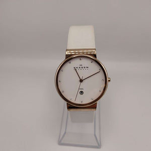 I Like Mike's Mid Century Modern Watch Skagen Women's Oversized White Rose Goldtone Round Watch, White Leather Band
