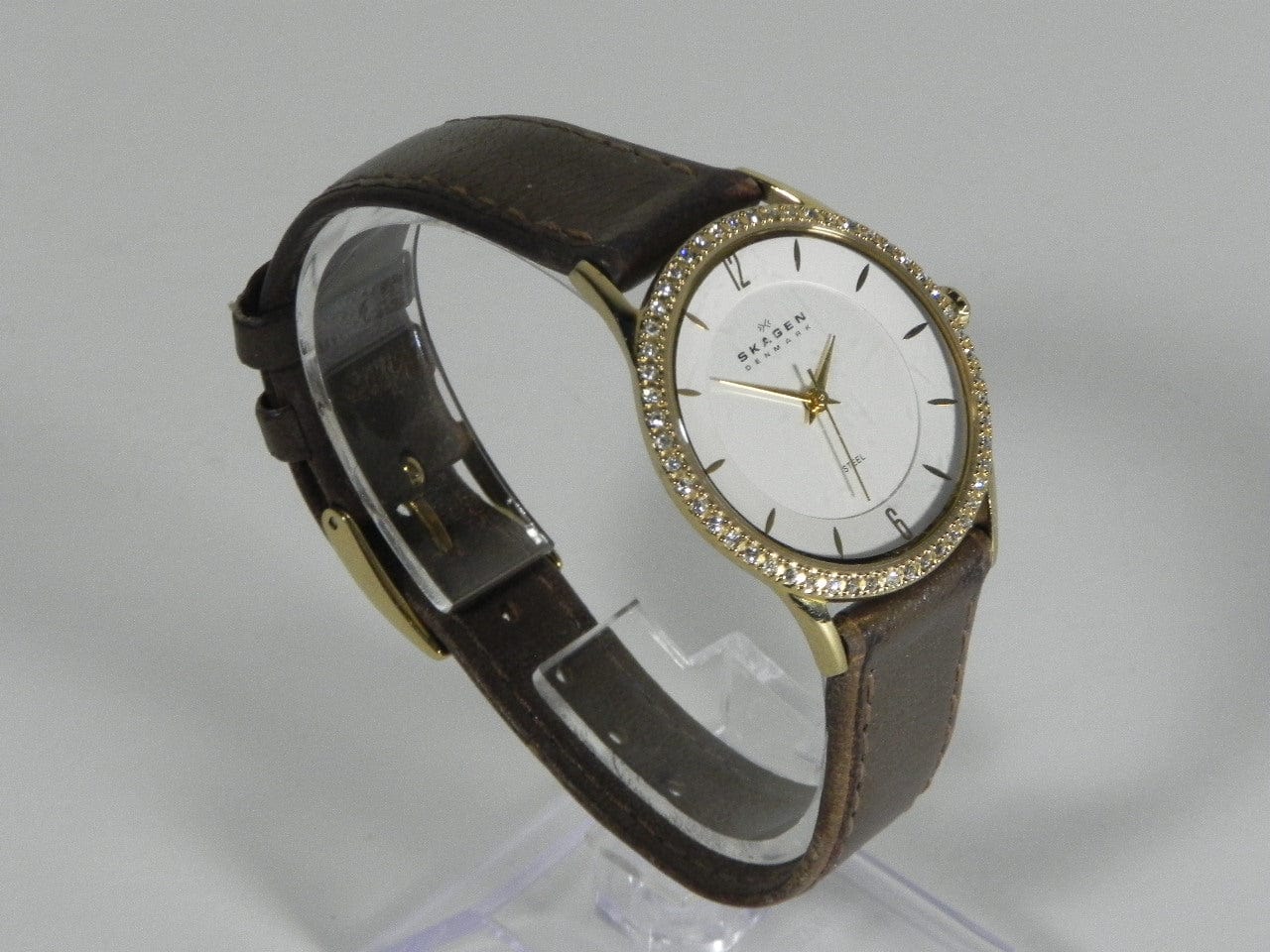 I Like Mike's Mid Century Modern Watches Skagen Women's Gold Toned Round Watch, Jeweled, Brown Leather Band