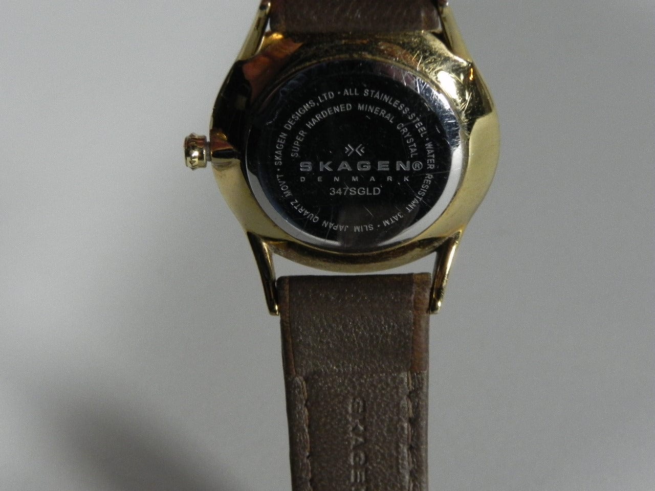 I Like Mike's Mid Century Modern Watches Skagen Women's Gold Toned Round Watch, Jeweled, Brown Leather Band