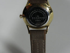 I Like Mike's Mid Century Modern Watches Skagen Women's Gold Toned Round Watch, Jeweled, Brown Leather Band