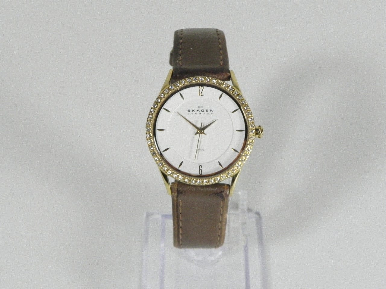 I Like Mike's Mid Century Modern Watches Skagen Women's Gold Toned Round Watch, Jeweled, Brown Leather Band