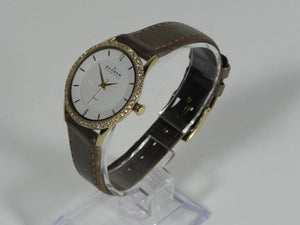 I Like Mike's Mid Century Modern Watches Skagen Women's Gold Toned Round Watch, Jeweled, Brown Leather Band