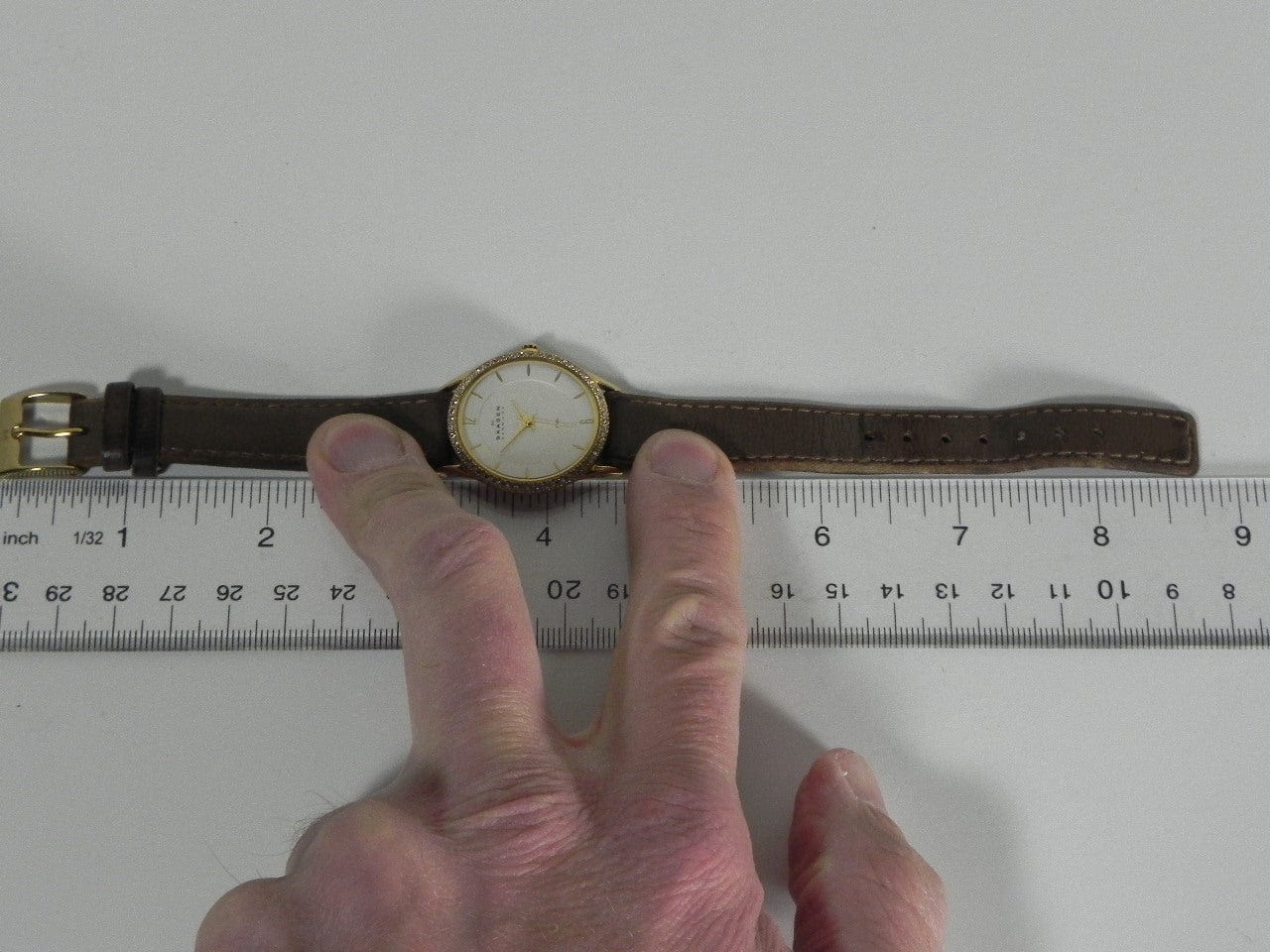 I Like Mike's Mid Century Modern Watches Skagen Women's Gold Toned Round Watch, Jeweled, Brown Leather Band