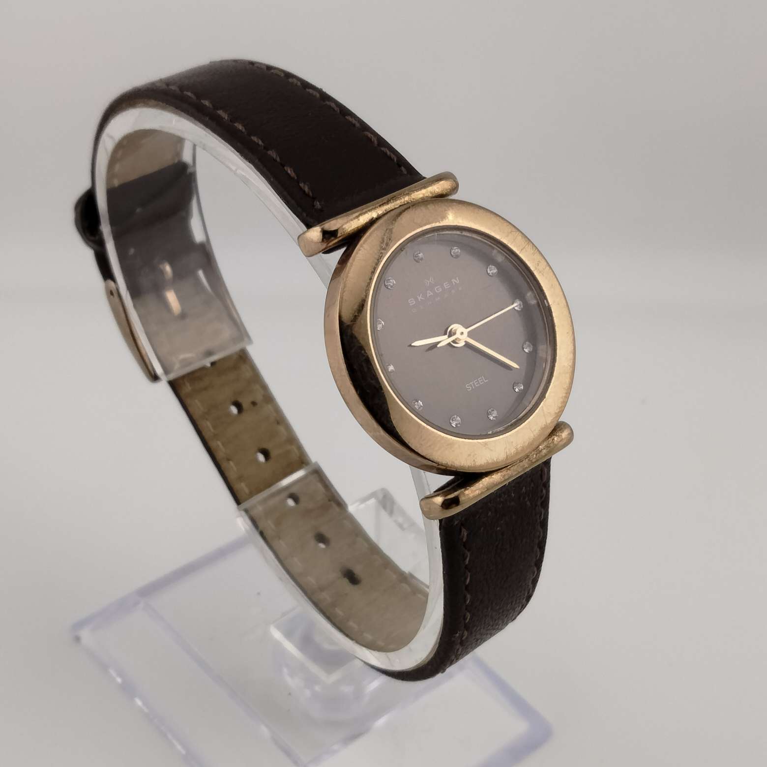 I Like Mike's Mid Century Modern Watches Skagen Women's Rose Gold Toned Round Watch, Jeweled, Brown Leather Band