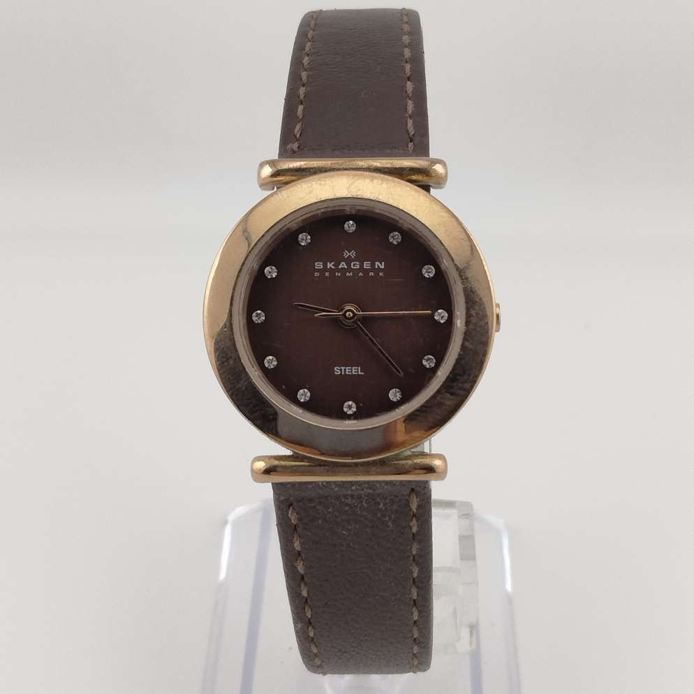 I Like Mike's Mid Century Modern Watches Skagen Women's Rose Gold Toned Round Watch, Jeweled, Brown Leather Band