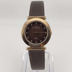I Like Mike's Mid Century Modern Watches Skagen Women's Rose Gold Toned Round Watch, Jeweled, Brown Leather Band