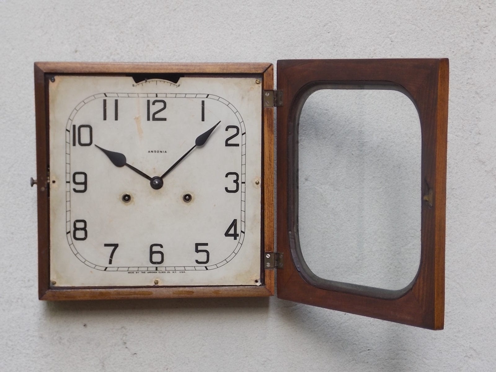 I Like Mikes Mid Century Modern Antique Ansonia Square Wooden Chiming Wall Clock, 8-Day, 100% Original, Rare