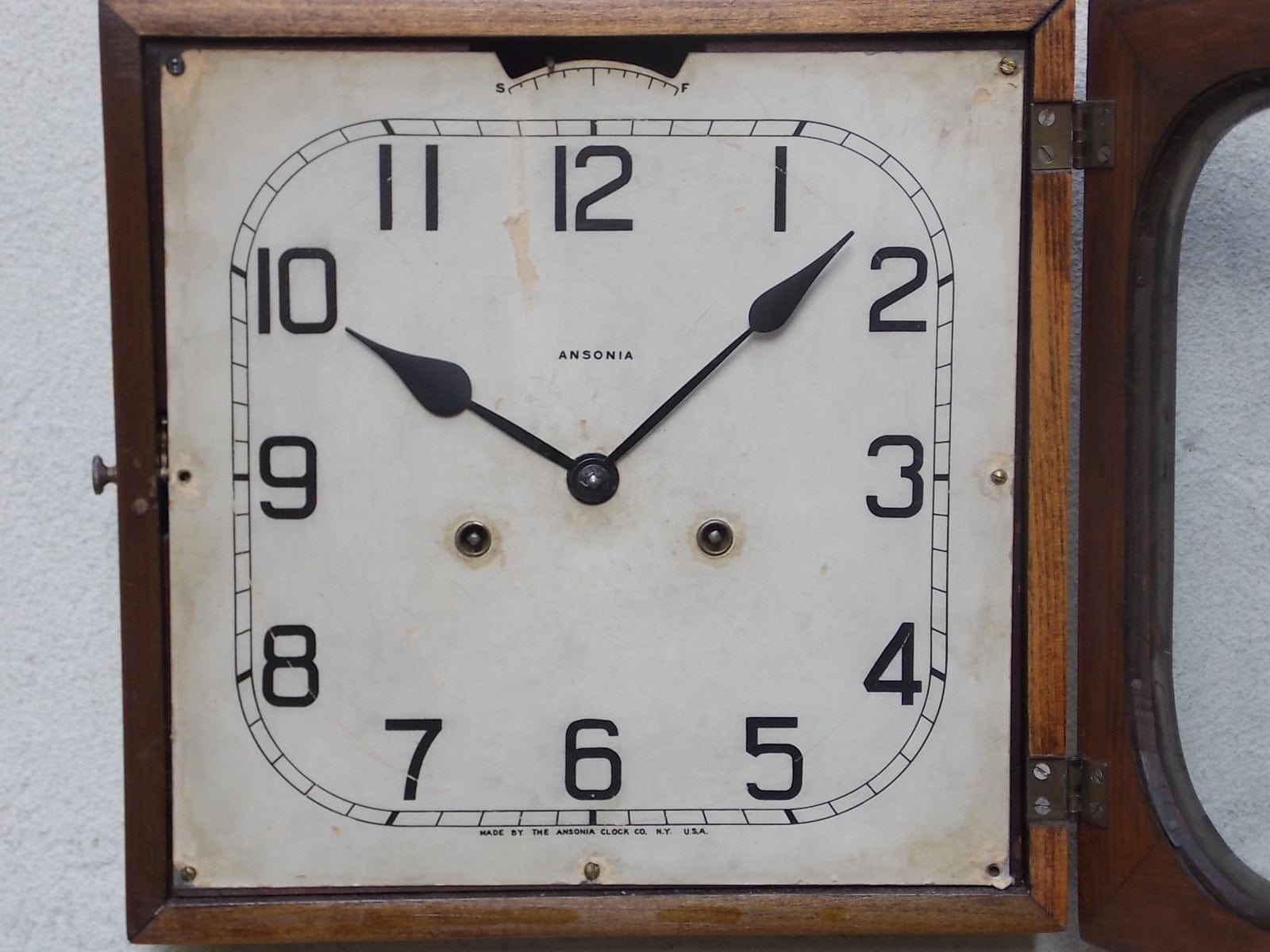 I Like Mikes Mid Century Modern Antique Ansonia Square Wooden Chiming Wall Clock, 8-Day, 100% Original, Rare