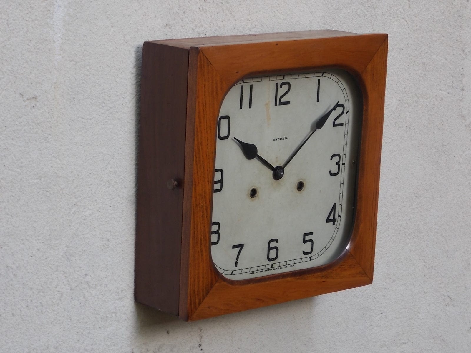 I Like Mikes Mid Century Modern Antique Ansonia Square Wooden Chiming Wall Clock, 8-Day, 100% Original, Rare