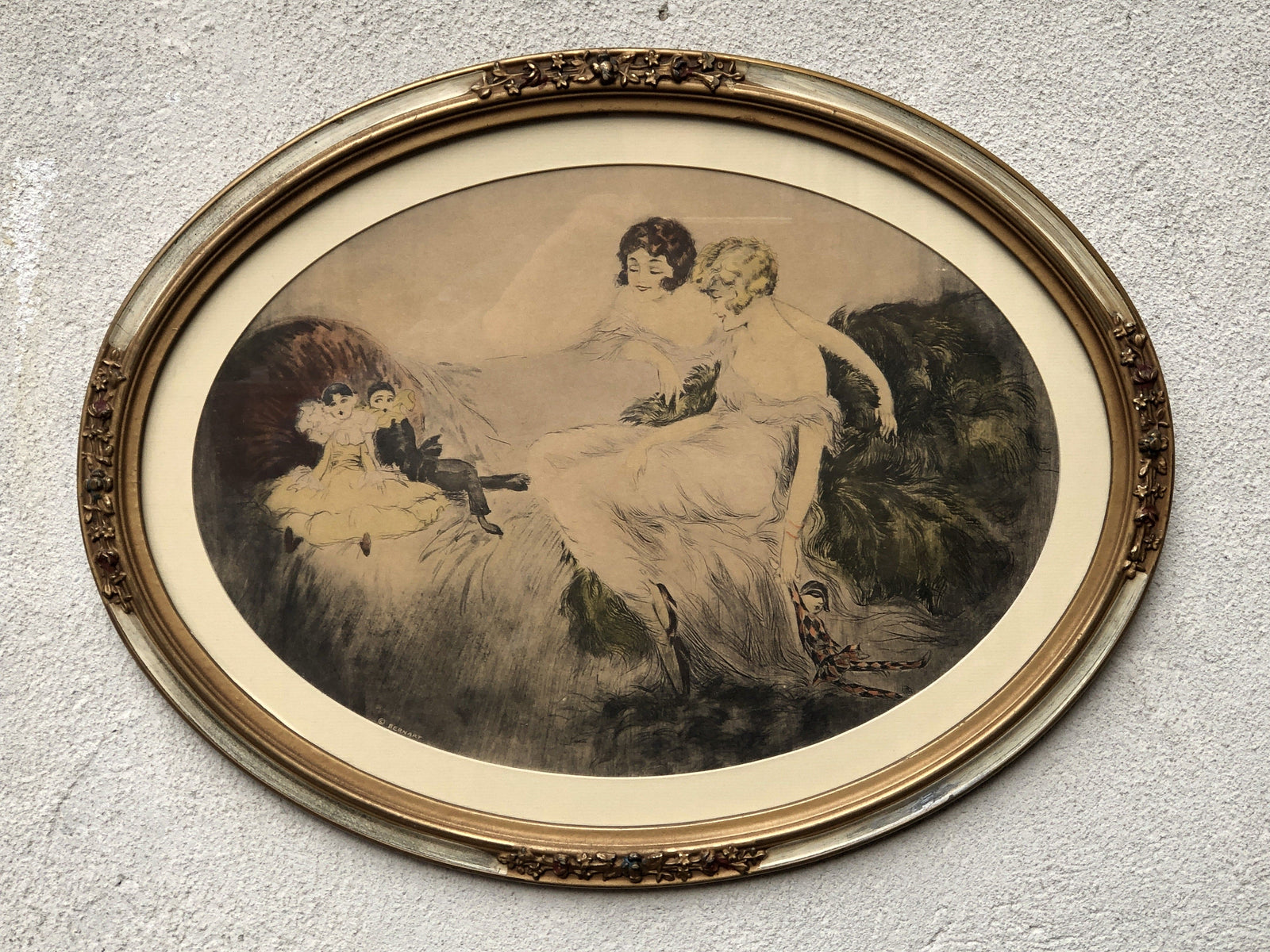 I Like Mikes Mid Century Modern Artwork Romantic Oval Framed Print by Bernart, Young Girls, Circa 1920