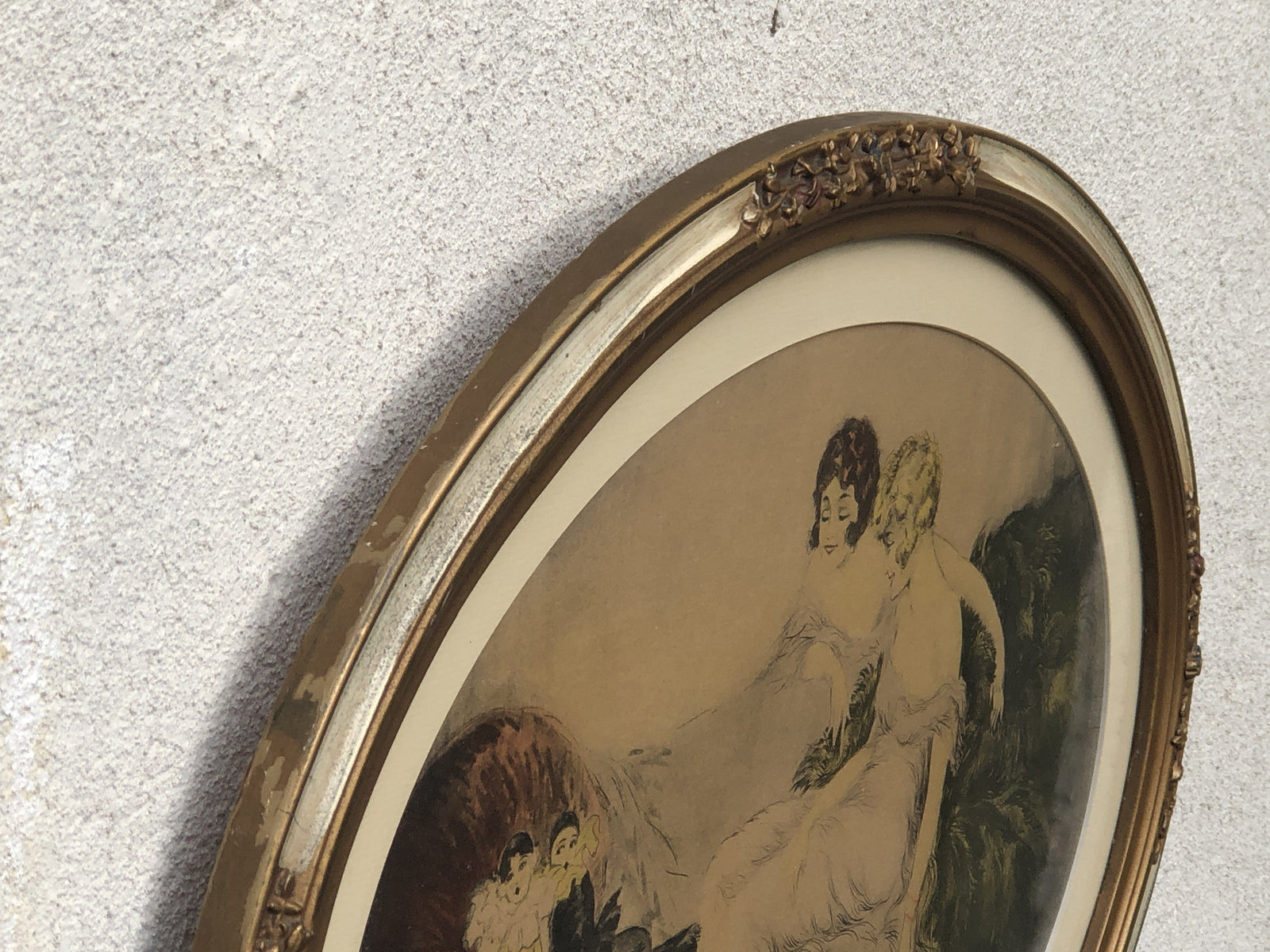 I Like Mikes Mid Century Modern Artwork Romantic Oval Framed Print by Bernart, Young Girls, Circa 1920