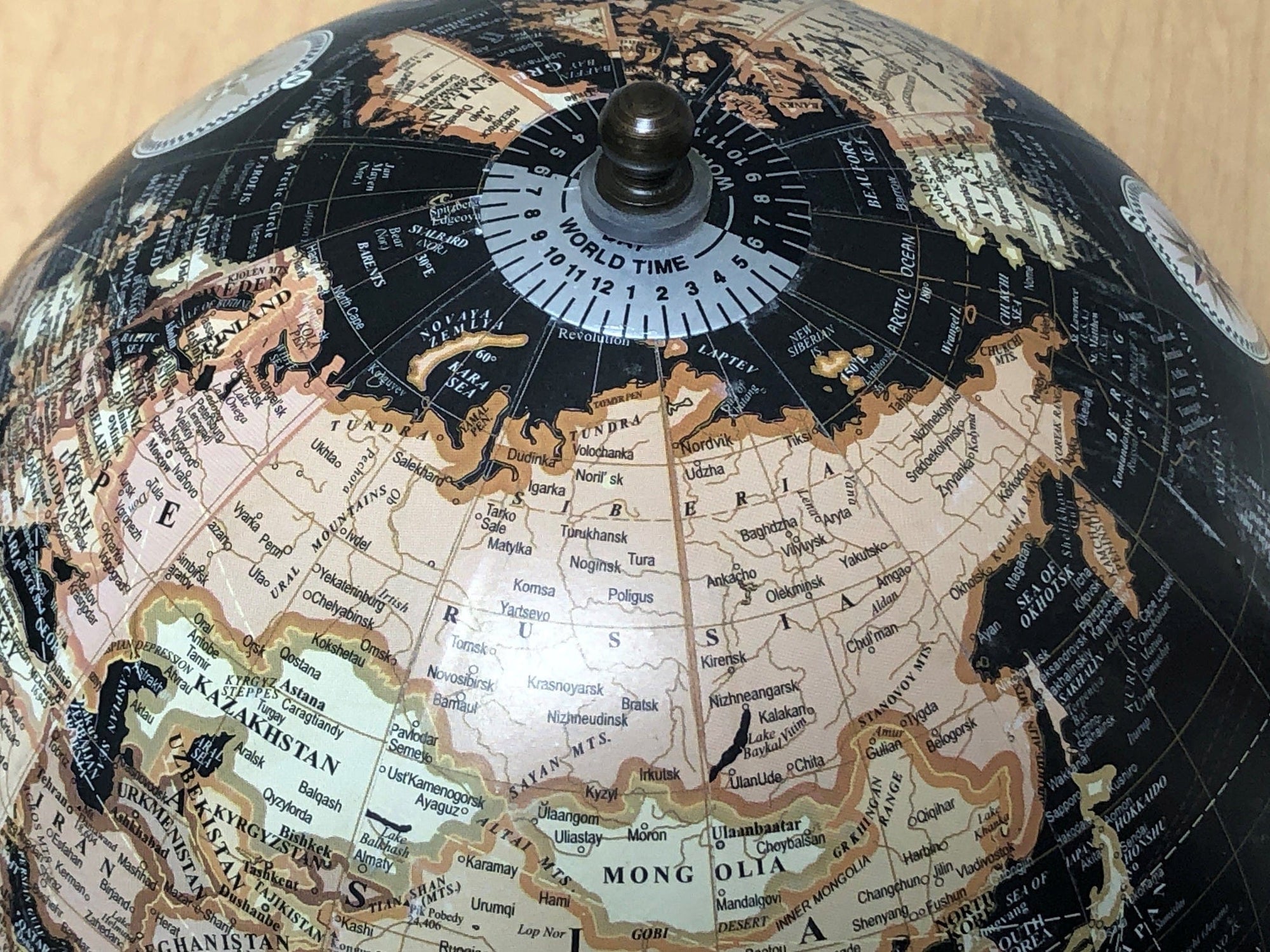 I Like Mikes Mid Century Modern Black 9" Desk Globe on Wood & White Stone Stand