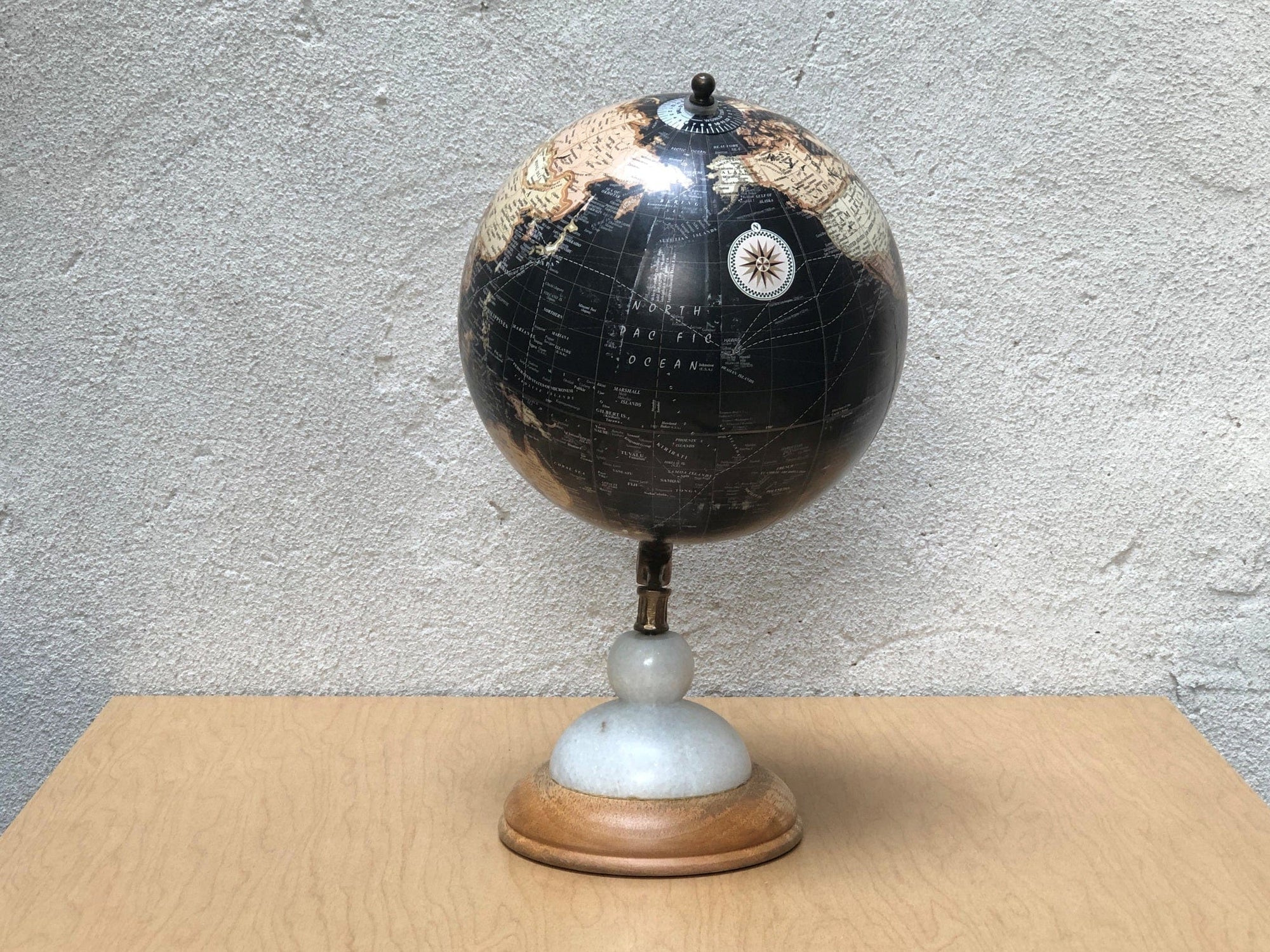 I Like Mikes Mid Century Modern Black 9" Desk Globe on Wood & White Stone Stand