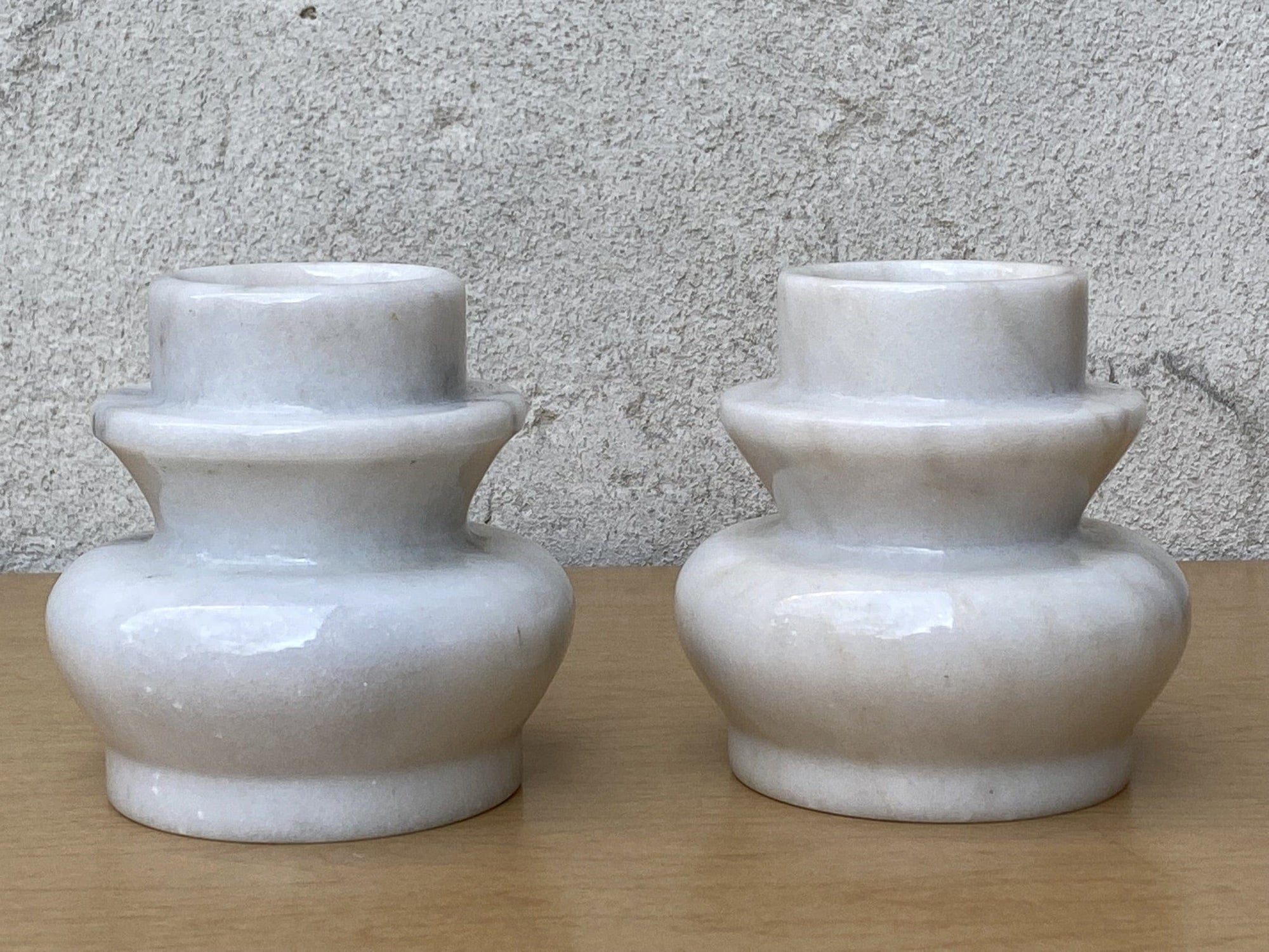 I Like Mikes Mid Century Modern Candle Holders Pair Large White Solid Marble Candle Holders, Pillar Votive and Stick