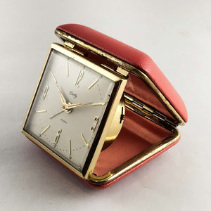 I Like Mikes Mid Century Modern Clock Bradley Wind Up Travel Clock, Red Pebbled Leather