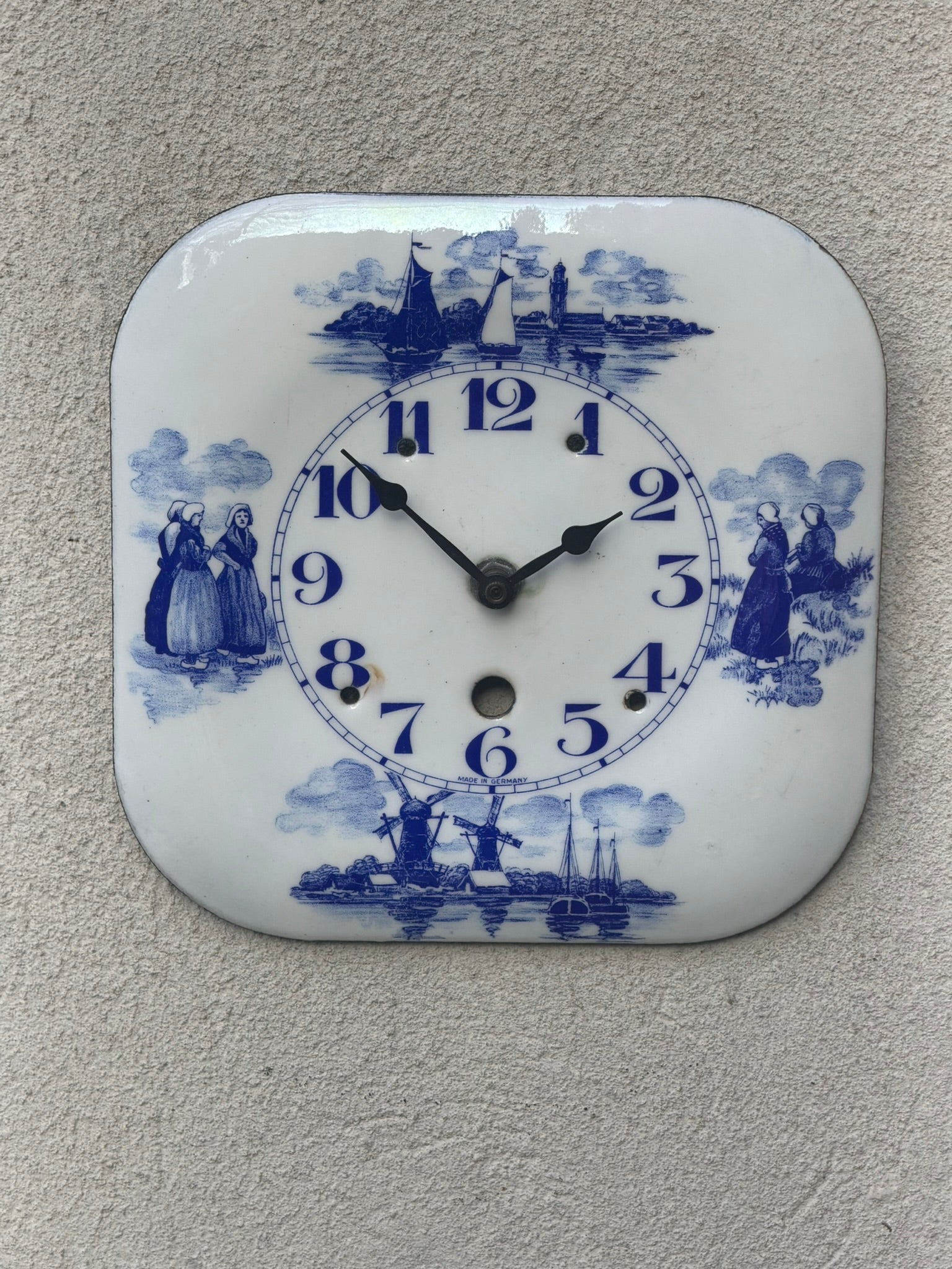 I Like Mikes Mid Century Modern Clock Delft Blue & White Wall Clock, Porcelain on Cast Iron