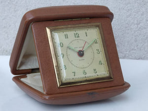 I Like Mikes Mid Century Modern Clock Large New Haven Travel Clock in Brown Leather Case, Circa 1940s