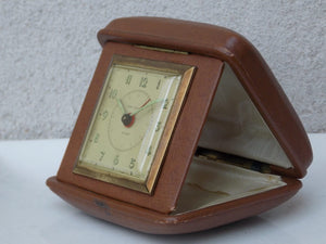 I Like Mikes Mid Century Modern Clock Large New Haven Travel Clock in Brown Leather Case, Circa 1940s
