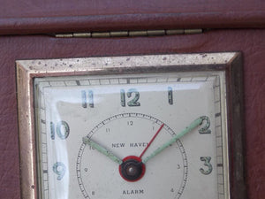 I Like Mikes Mid Century Modern Clock Large New Haven Travel Clock in Brown Leather Case, Circa 1940s